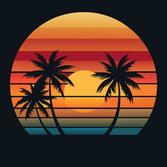 Poster - A  sunset is depicted within a circular frame, showcasing silhouettes of palm trees against bold, colorful stripes