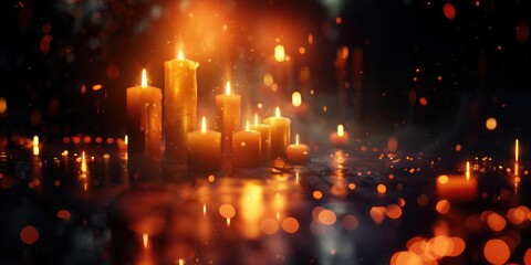 Wall Mural - All Saints' Day. Burning candles in the dark with bokeh effect. 3d rendering.