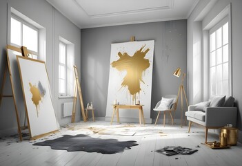 White and gold theme interior modern minimalism photo realism neww Style 3d Paints Doodle Illustration Deep View High Results 4k HD