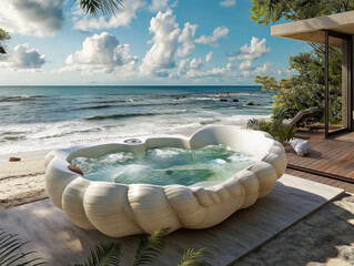 Wall Mural - A large white pool with a blue ocean in the background. The pool is shaped like a shell and is surrounded by a sandy beach. Scene is relaxing and serene