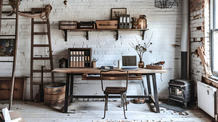 Poster - Timber Desk: An industrial-chic workspace showcasing reclaimed wood and metal accents, such as a vintage ladder shelf and a woodburning stove, highlighting the rich timber history of the region