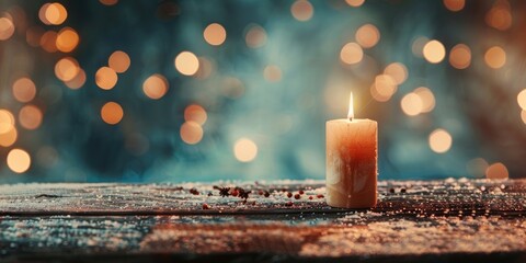 Sticker - All Saints' Day. Burning candle on a wooden table with bokeh background.