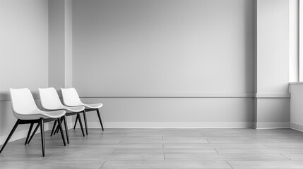 Wall Mural - Three white chairs are sitting in a room with a white wall