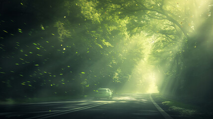 Wall Mural - A car is driving down a road in a forest