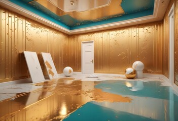 White and gold theme interior modern minimalism photo realism neww Style 3d Paints Doodle Illustration Deep View High Results 4k HD