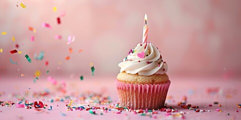 elegant birthday cupcake, confetti, copy space 