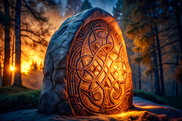 A large rock with a Celtic symbol on it is lit up by the sun. The sun is setting, casting a warm glow on the rock. The scene is peaceful and serene, with the sun and the rock creating a sense of calm