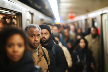 bustling new york subway scene during rush hour sea of diverse commuters packed tightly expressions of weariness and determination visible