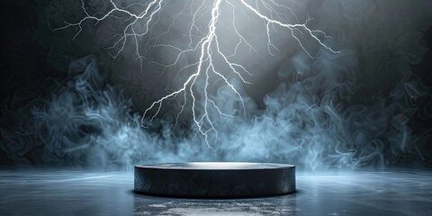 Wall Mural - empty electrical podium for product display, lightning background