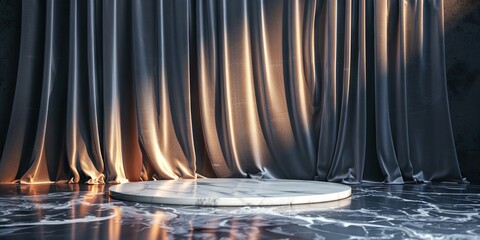 Wall Mural - empty marble podium for product display, velvet curtain background 