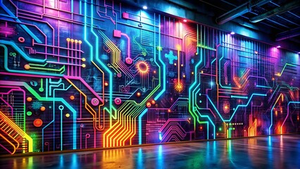 Wall Mural - neon grid symphony: a cyberpunk graffiti mural of abstract data flow generative ai