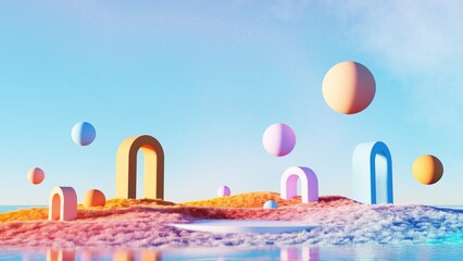 Wall Mural - 3d Render, Abstract Surreal landscape with colorful scene, pastel ball floating in the air with rainbow grass dune and arch with beautiful sky background.