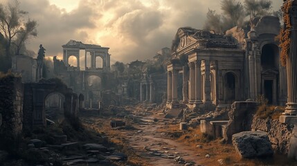 Canvas Print - Overgrown ruins display weathered architecture as dark clouds gather in the evening light