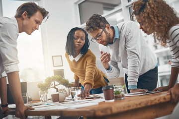 Aufkleber - Brainstorming, group and planning with paperwork in office, creative and explaining of interior designer. Collaboration, employees and reading of floorplan, ideas and people in meeting for project
