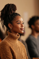 Wall Mural - A woman with a ponytail and a brown sweater is smiling