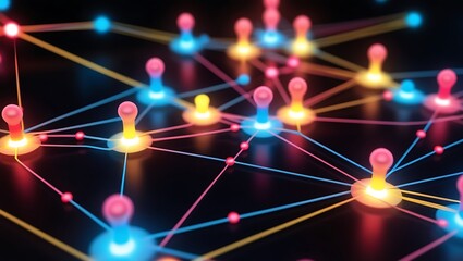 a network of interconnected nodes and lines against a dark background. The nodes are depicted as glowing spheres in various colors, including pink, yellow, blue, and red.