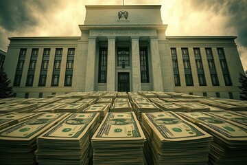 conceptual image of a giant stack of hundreddollar bills towering in front of the federal reserve building surreal scale emphasizes economic power and monetary policy