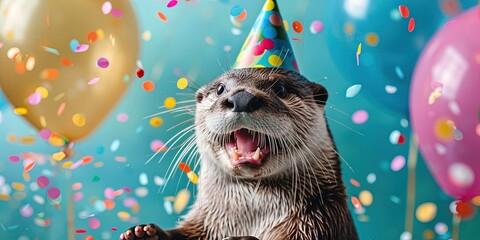 happy otter, party hat, balloons, confetti, solid background, copy space