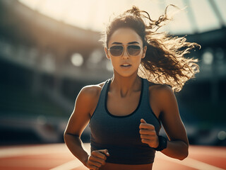 Wall Mural - Woman running on a sunny track field