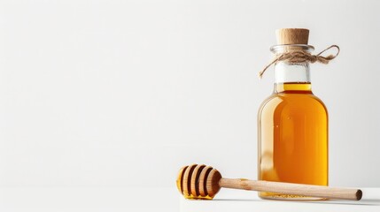 Wall Mural - Sweet honey bottle with wooden dipper on white background.