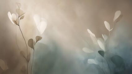 Wall Mural - Delicate leaves dance softly in a serene ambiance with light filtering through, creating a calming atmosphere