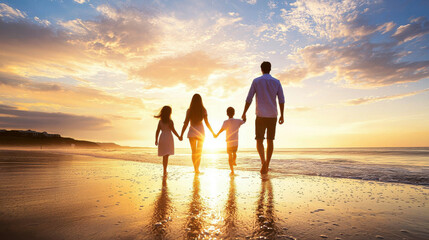 Family enjoying a sunset walk on the beach