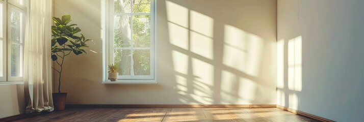 Wall Mural - A minimalist room with a large window allowing sunlight to stream in. The light creates beautiful patterns on the wall and floor. A potted plant adds a touch of life and warmth.