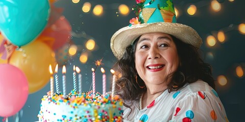 Wall Mural - older latina woman celebrating birthday