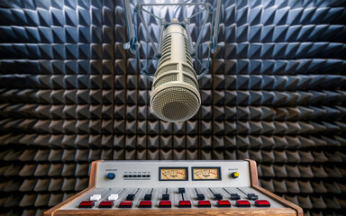 Wall Mural - Professional microphone and sound mixer in radio station studio