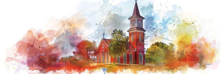 A picturesque watercolor painting of a church with a red brick steeple, surrounded by lush foliage and vibrant watercolor strokes. This painting symbolizes faith, community, hope, and the beauty of na