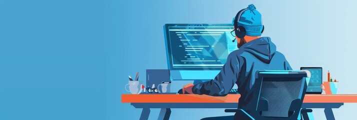 A programmer sitting at a desk, focused on their work, with a computer monitor displaying code. The scene symbolizes concentration, dedication, problem-solving, technology, and innovation.
