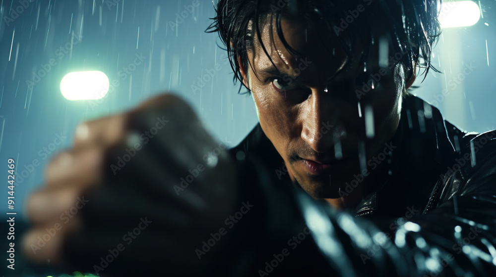 Action shot with man fighting on the roof. Dynamic martial arts scene ...