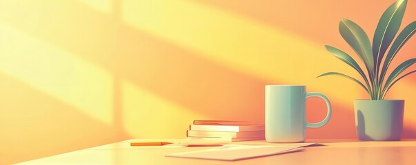 Clean desk setup with motivational mug, sunrise rays, Monday morning work initiation