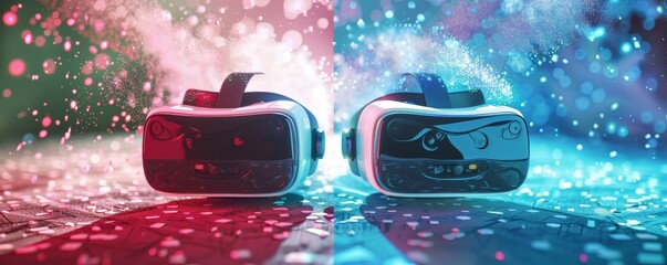 Two VR headsets with red and blue backgrounds.