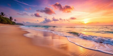 Wall Mural - Soft pink sunset on a tropical beach with small waves washing the sandy shore, pink, sunset, tropical, beach, waves, sandy