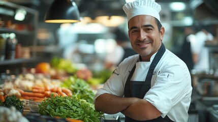 A chef stands confidently with arms crossed in a lively kitchen, showcasing fresh produce and culinary activity