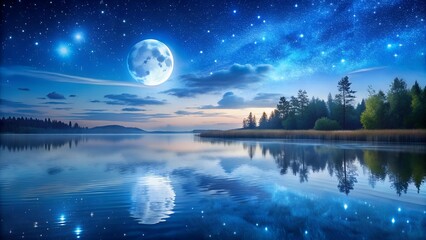 Wall Mural - Serene Nightfall: A Canvas of Twilight Blues and Silvers  Generative AI