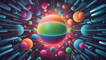 Vibrant backdrop featuring an array of colorful spheres in various sizes seamlessly blended with sleek futuristic technology elements