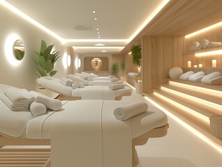 A spa with a long hallway of white beds and a lot of white towels. The towels are neatly folded and arranged on the beds. Scene is calm and relaxing