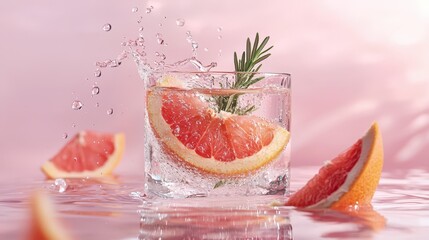 Fresh Grapefruit and Rosemary Spiraling into Water - High-Speed Photography in Pink Background (2K Resolution)