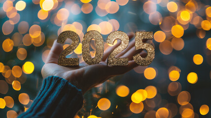 Wall Mural - new year's eve. woman's hand in a black sweater holds a golden number 2025 on a bokeh background.