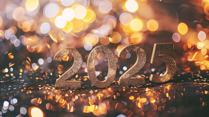 Wall Mural - happy new year 2025 background with bokeh lights and golden numbers