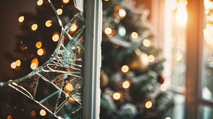 Wall Mural - window with Christmas tree and lights bokeh background