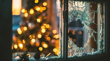 Wall Mural - Broken window with broken glass and christmas lights in the background