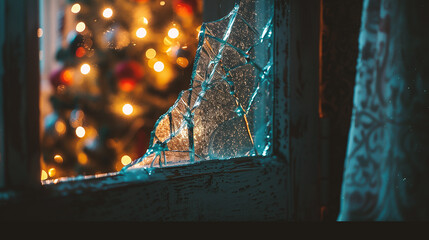 Wall Mural - Broken window with broken glass and christmas lights in the background