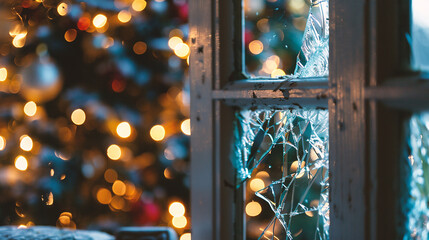Wall Mural - Broken window with broken glass and christmas lights in the background