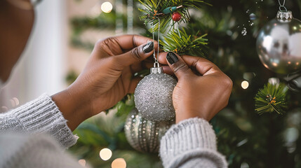 Wall Mural - Closeup of woman decorating christmas tree with silver bauble