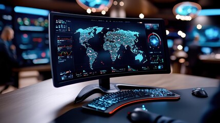 a modern computer monitor displaying a detailed world map with data analytics, perfect for technolog