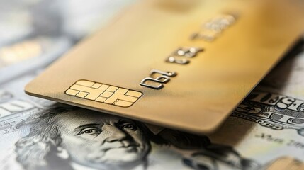 Close-up of a gold credit card on a stack of dollar bills, symbolizing finance and modern payment methods.