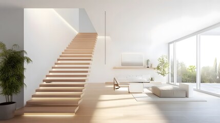 Floating wooden stairs with subtle LED lighting in a sleek, modern interior